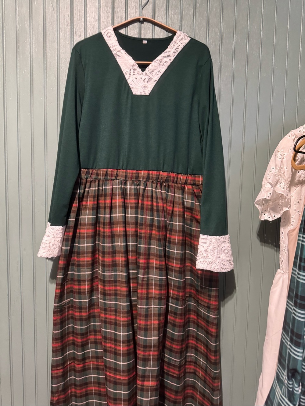 Green Top and Red Plaid Maxi Dress with Lace Trim Made in UK